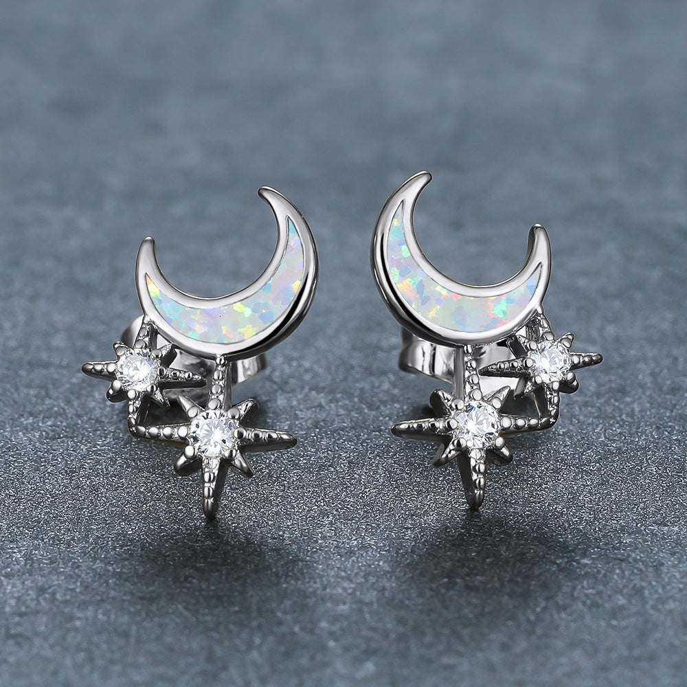 Women's Moon & Star Stud Earrings Inlaid with Blue Opal & White Opal and Round Zirconia