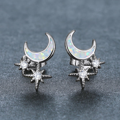 Women's Moon & Star Stud Earrings Inlaid with Blue Opal & White Opal and Round Zirconia