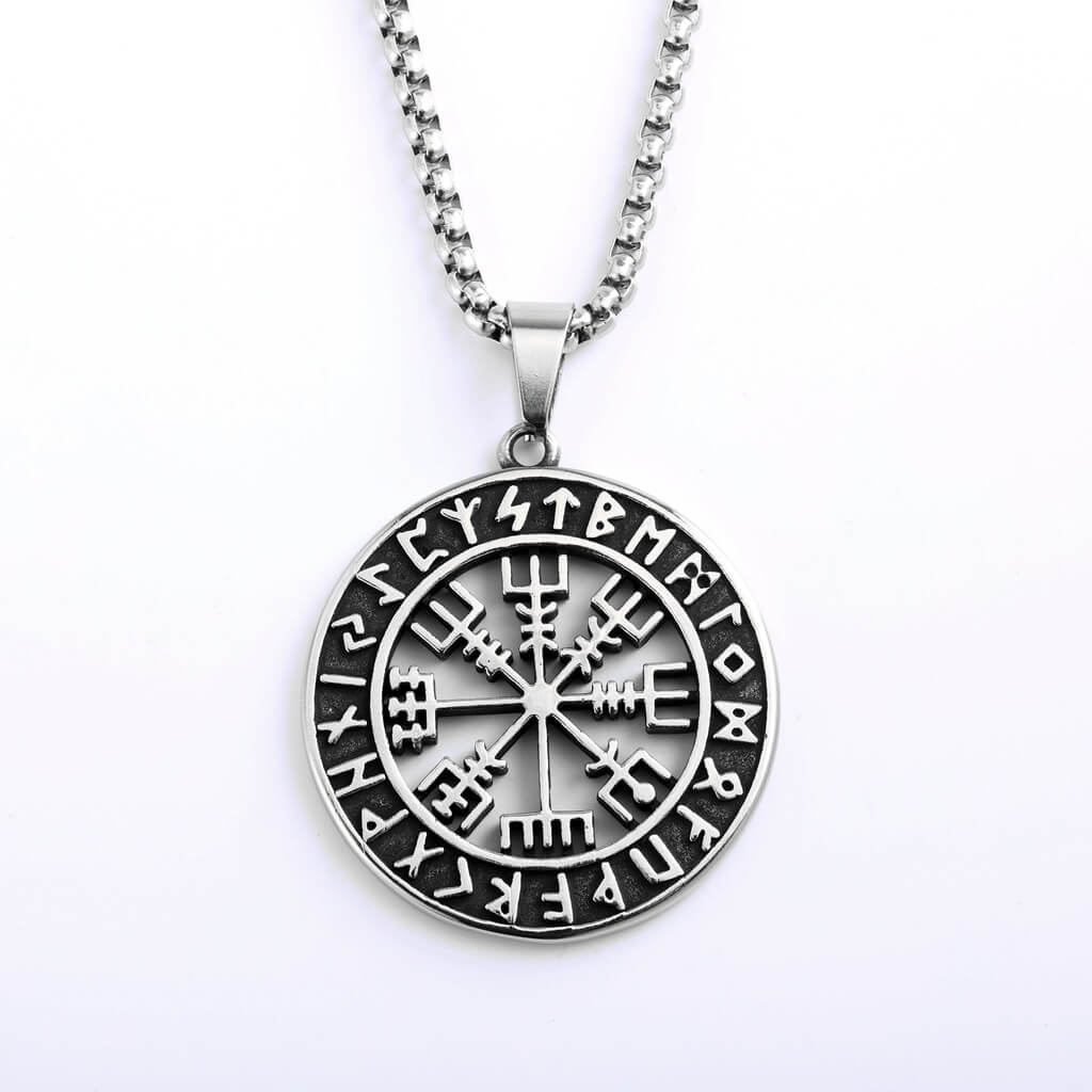 Vintage Stainless Steel Men's Viking Compass Double Sided Pendant Necklace