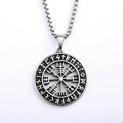Vintage Stainless Steel Men's Viking Compass Double Sided Pendant Necklace
