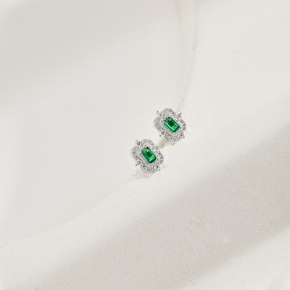 Women's Vintage Double Halo Stud Earrings, Rectangle Emerald Center Stone, S925 with White Gold Plating