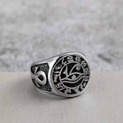 Vintage Solid Stainless Steel Ancient Egyptian Eye of Horus Cross Round Ring for Men