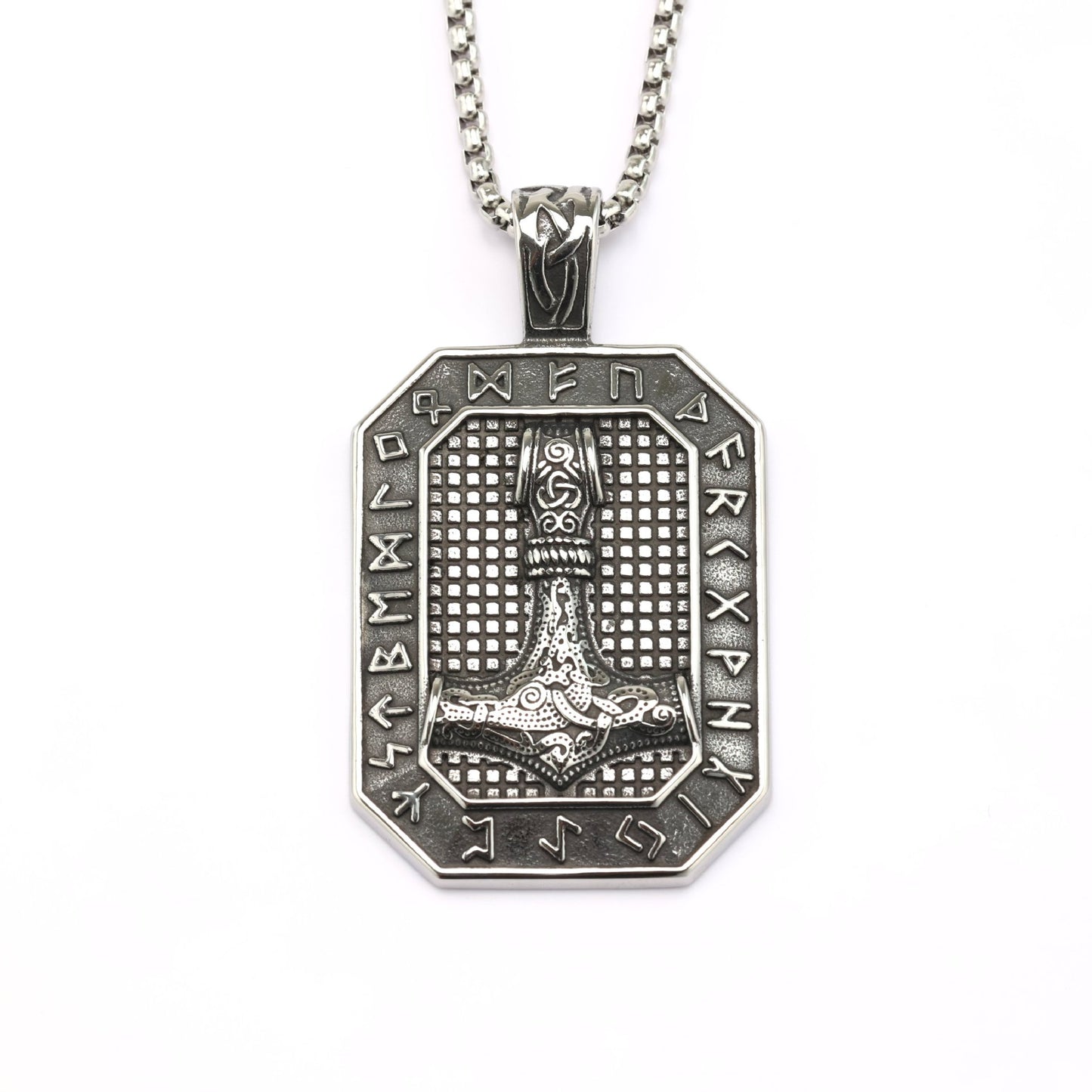 Vintage Stainless Steel Viking Rune Hammer Tag Pendant Necklace for Men