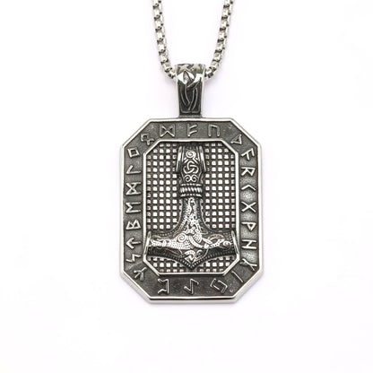 Vintage Stainless Steel Viking Rune Hammer Tag Pendant Necklace for Men