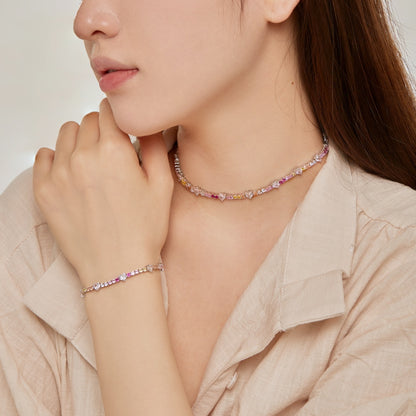 Women's High‑End Tennis Bracelet, Multicolor Mixed Heart & Round Zirconia Inlay With Extension Chain, S925 with White Gold Plating