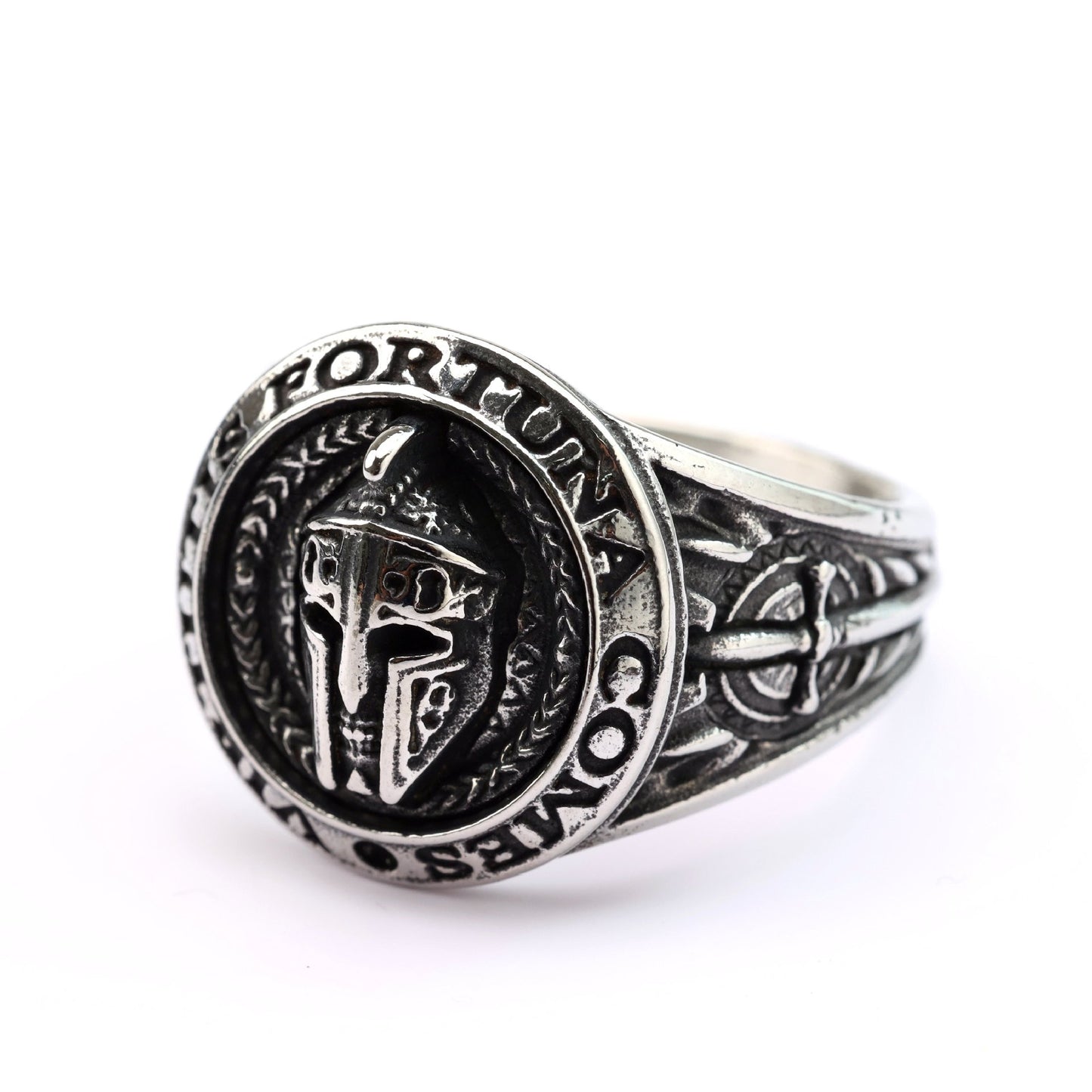 Vintage Stainless Steel Spartan Helmet Ring Engraved Virtutis Fortuna Comes for Men