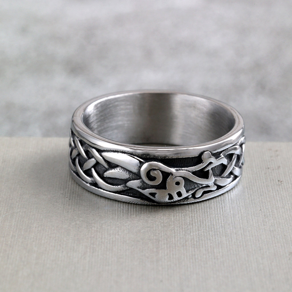 Vintage Stainless Steel Norse Viking Raven Slim Narrow Band Ring for Men