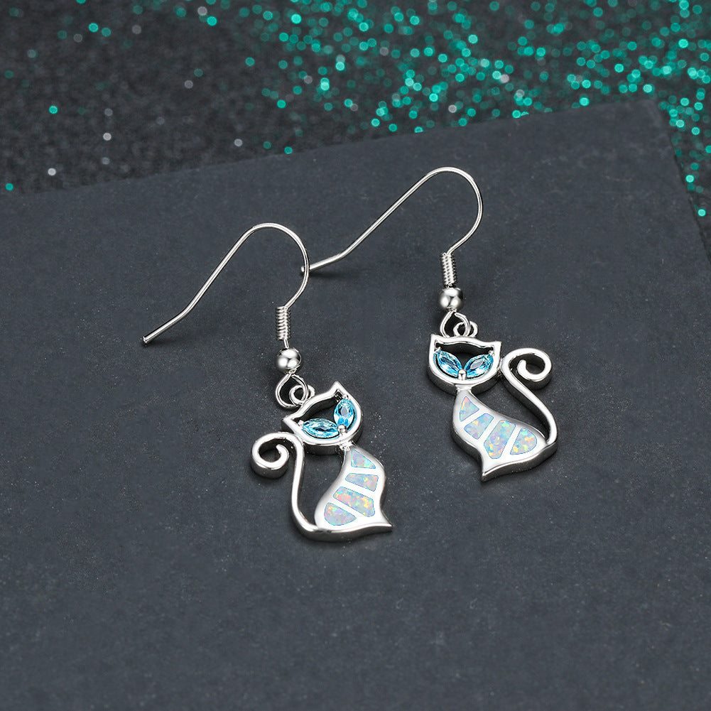 Women's Hollow Cute Cat Blue Eyes Blue Opal / White Opal Earrings, White Gold Plated
