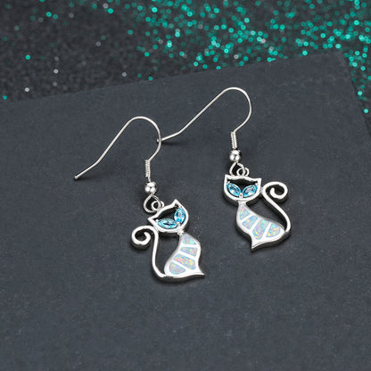 Women's Hollow Cute Cat Blue Eyes Blue Opal / White Opal Earrings, White Gold Plated