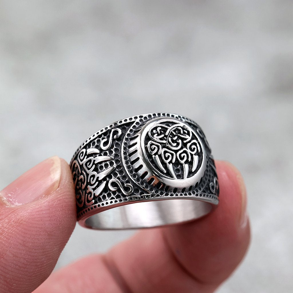 Vintage Nordic Solid Stainless Steel Celtic Rune Bear Claw Ring for Men