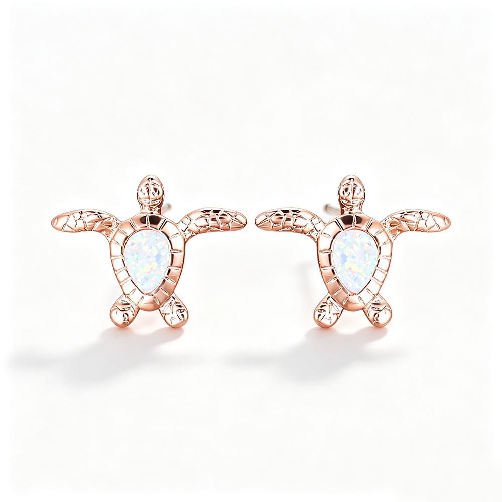 Women's Sea‑Turtle Stud Earrings With Teardrop Opal, with White Gold / Rose Gold Plating