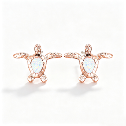 Women's Sea‑Turtle Stud Earrings With Teardrop Opal, with White Gold / Rose Gold Plating