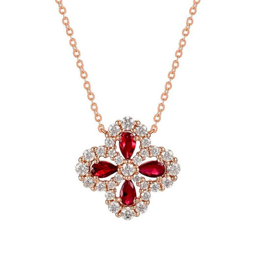 Women's Sterling Silver Hollow Four-leaf Clover Ruby Sapphire Pendant