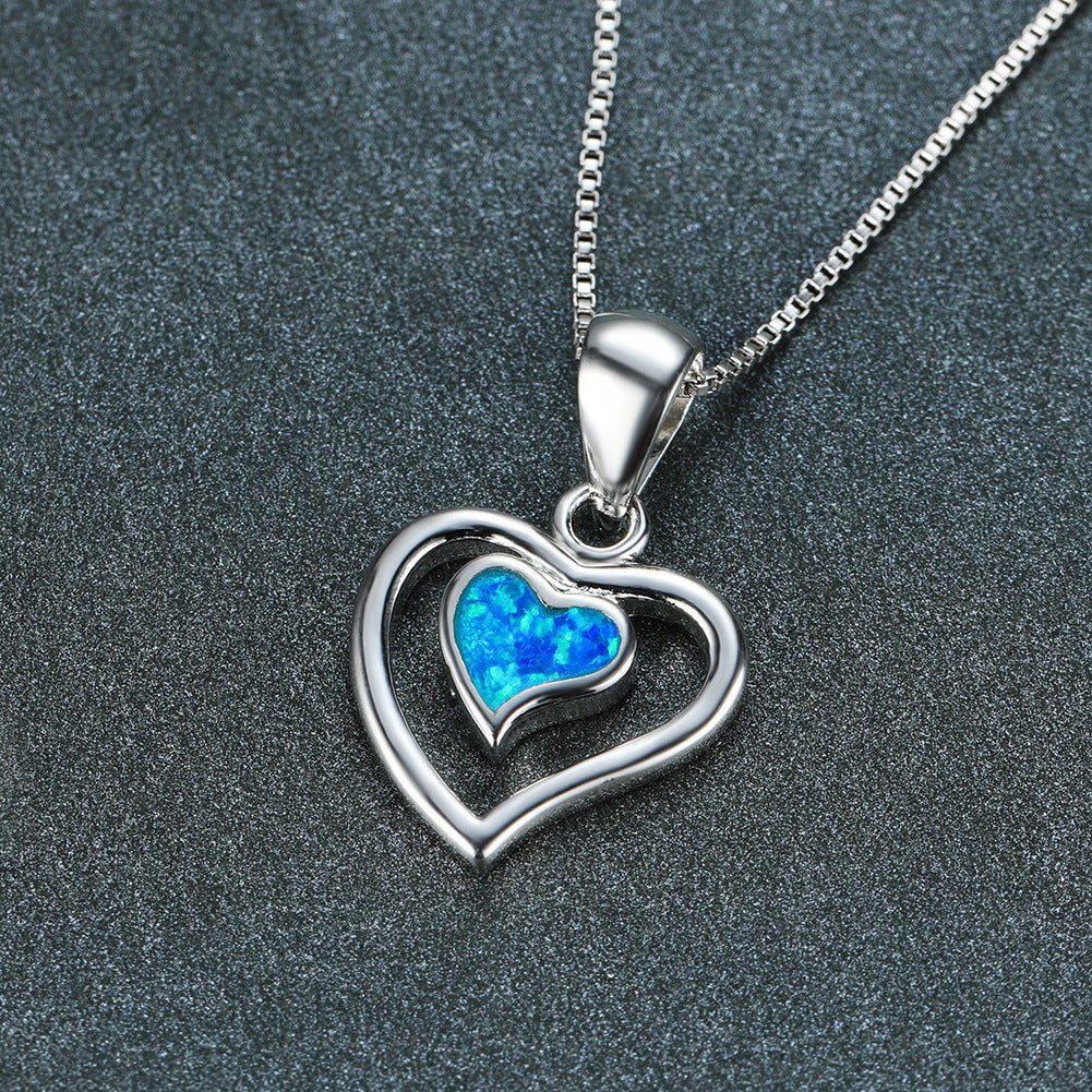 Double Heart Blue Opal Necklace