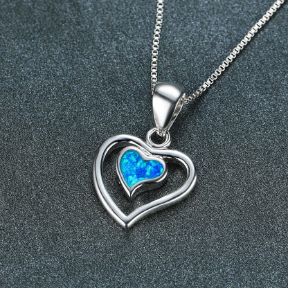 Double Heart Blue Opal Necklace