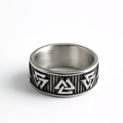 Vintage Solid Stainless Steel Slim Norse Viking Valknut Triangle Band Ring for Men