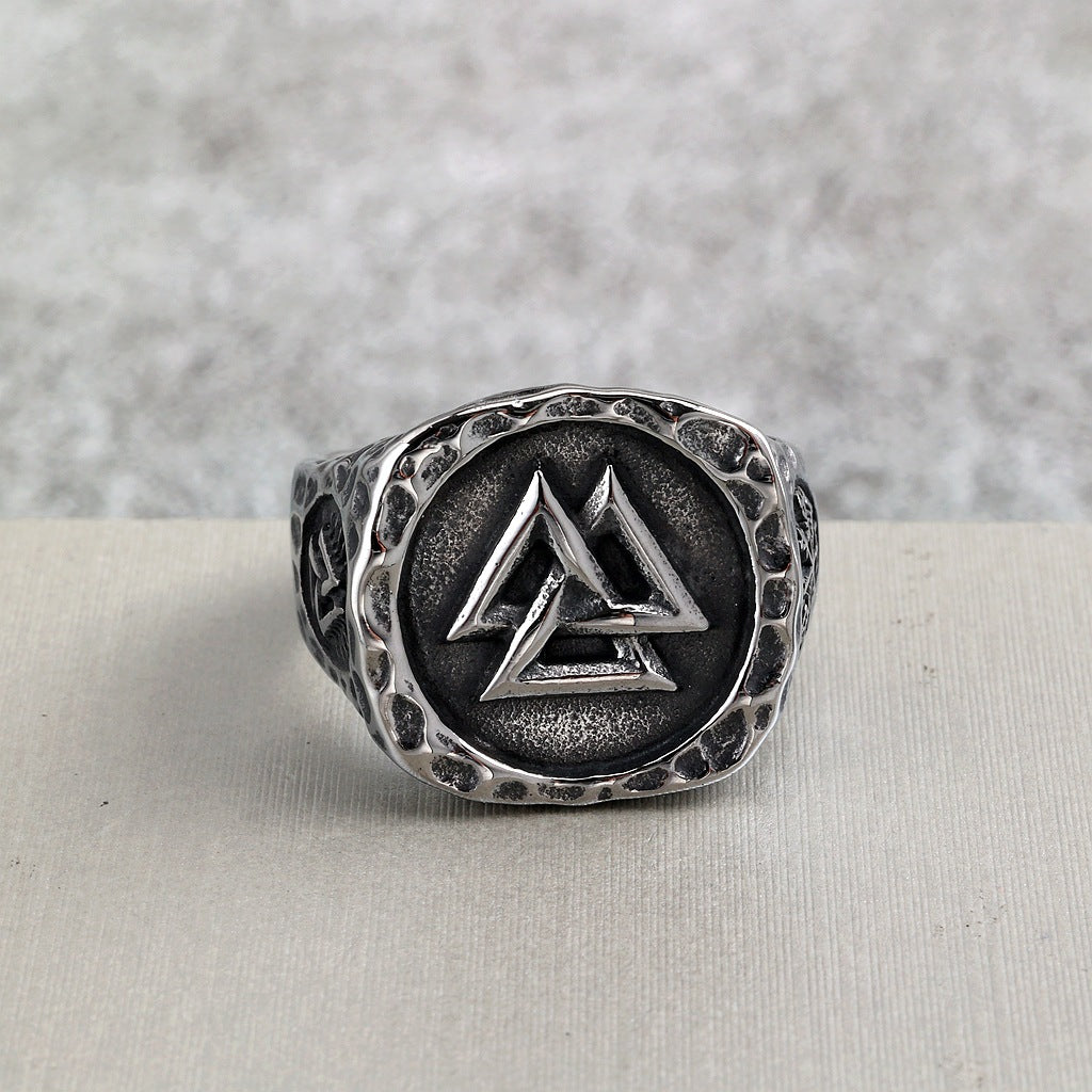 Vintage Solid Stainless Steel Viking Valknut Vegvisir Round Signet Ring for Men