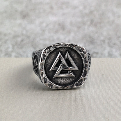 Vintage Solid Stainless Steel Viking Valknut Vegvisir Round Signet Ring for Men