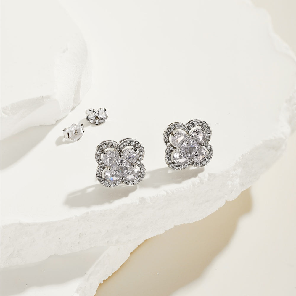 Women's Four‑Petal Flower Stud Earrings, Clear Center Stone with Zirconia Halo, S925 with White Gold Plating