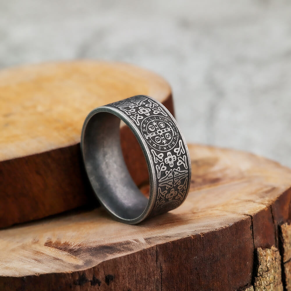 Vintage Solid Stainless Steel Dark Circle Saint Benedict Cross Ring for Men