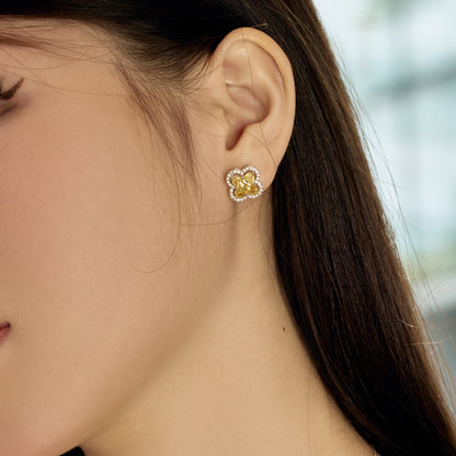 Women's Clover Halo Stud Earrings, Heart‑Shape Yellow Sapphire, S925 with White Gold Plating