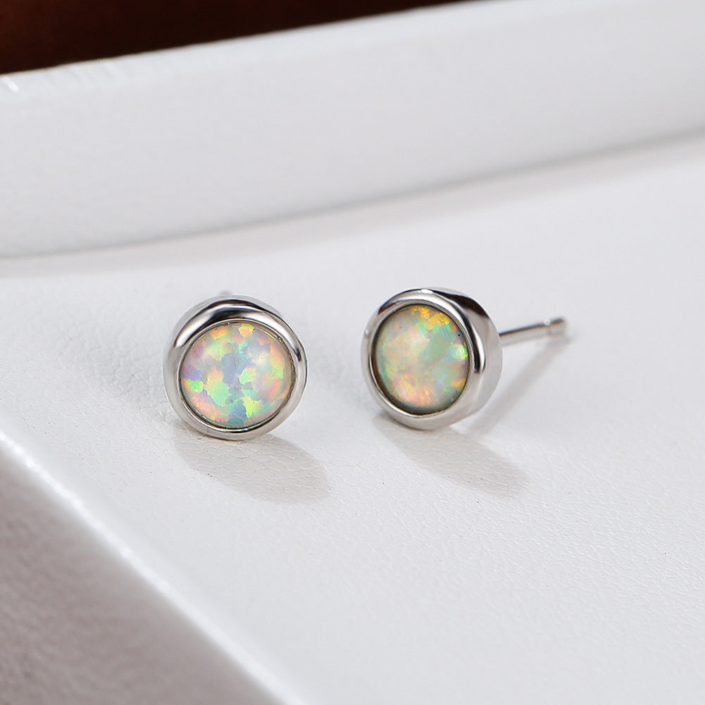 Women's Bezel‑Set Round Stud Earrings, Blue Opal / White Opal