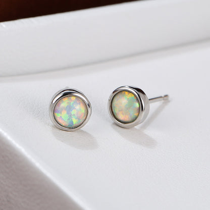 Women's Bezel‑Set Round Stud Earrings, Blue Opal / White Opal