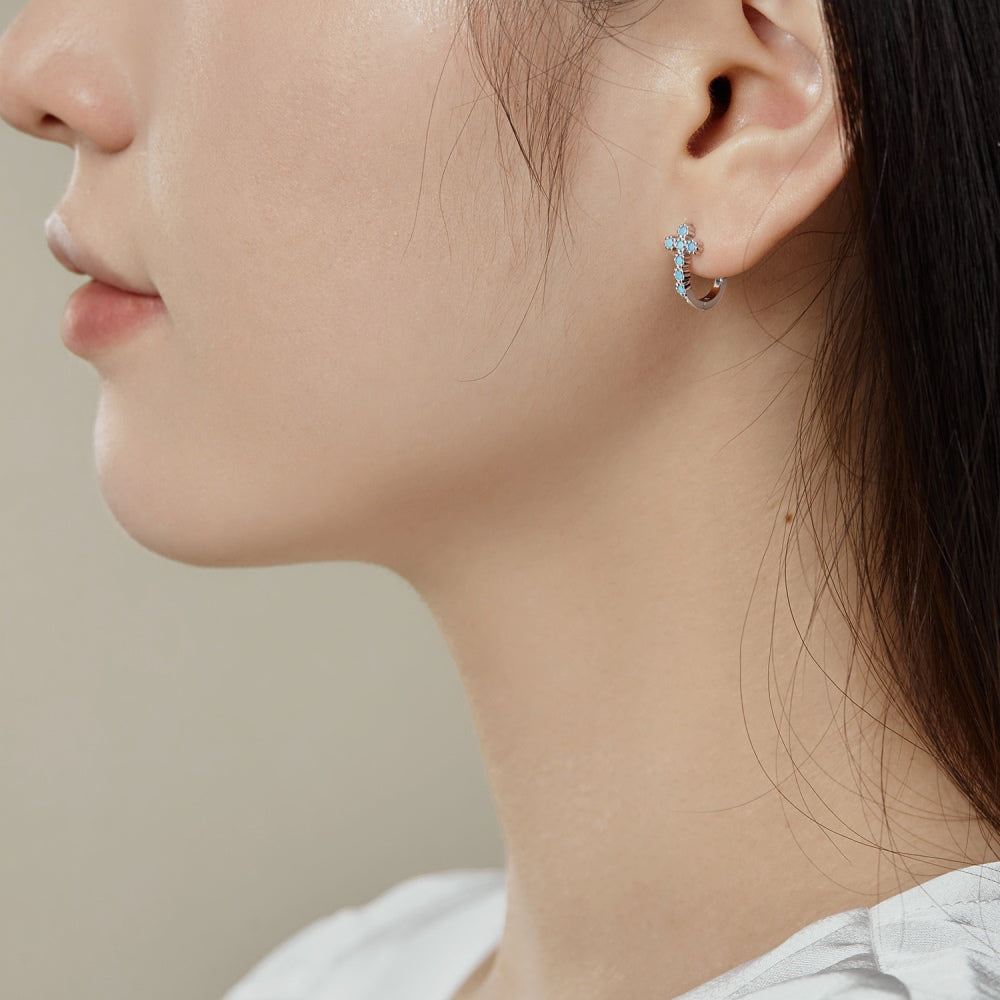 Women's Blue Zirconia Cross Hoop Earrings, S925 with White Gold Plating