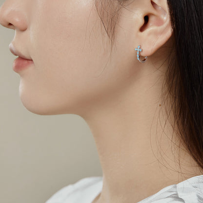 Women's Blue Zirconia Cross Hoop Earrings, S925 with White Gold Plating