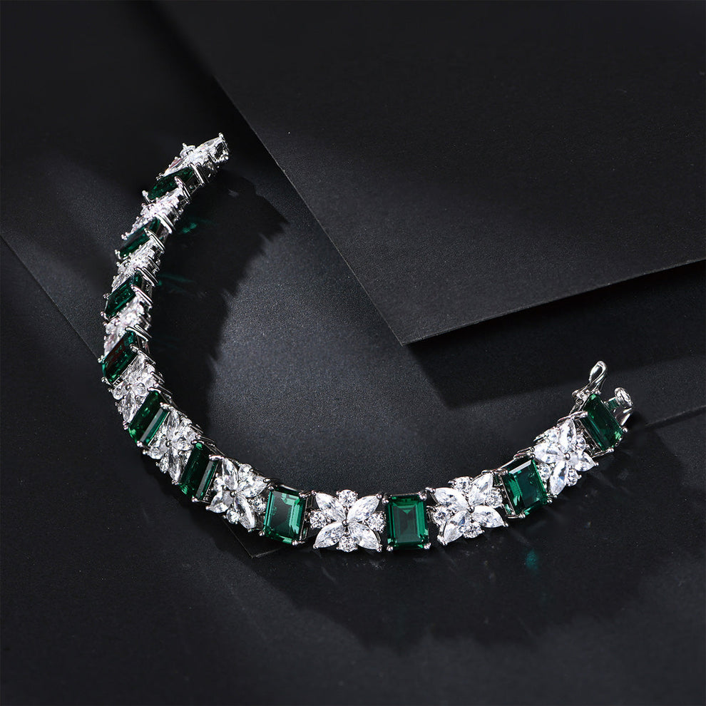 Women's Sterling Silver Emerald Gem Retro Tennis Bracelet with Iris Stones