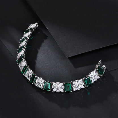 Women's Sterling Silver Emerald Gem Retro Tennis Bracelet with Iris Stones