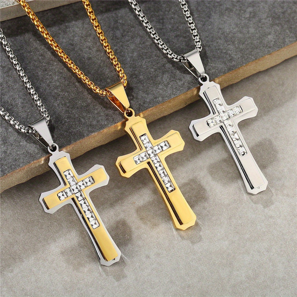Men's Punk Double-Layer Three-Dimensional Cross Pendant Necklace