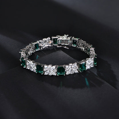 Women's Sterling Silver Emerald Gem Retro Tennis Bracelet with Iris Stones