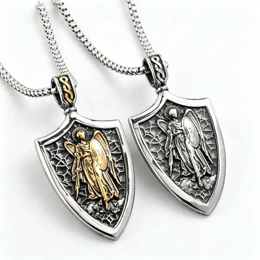 Vintage Stainless Steel Men's Shield St. Michael Angel Pendant Necklace