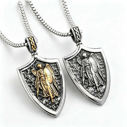 Vintage Stainless Steel Men's Shield St. Michael Angel Pendant Necklace