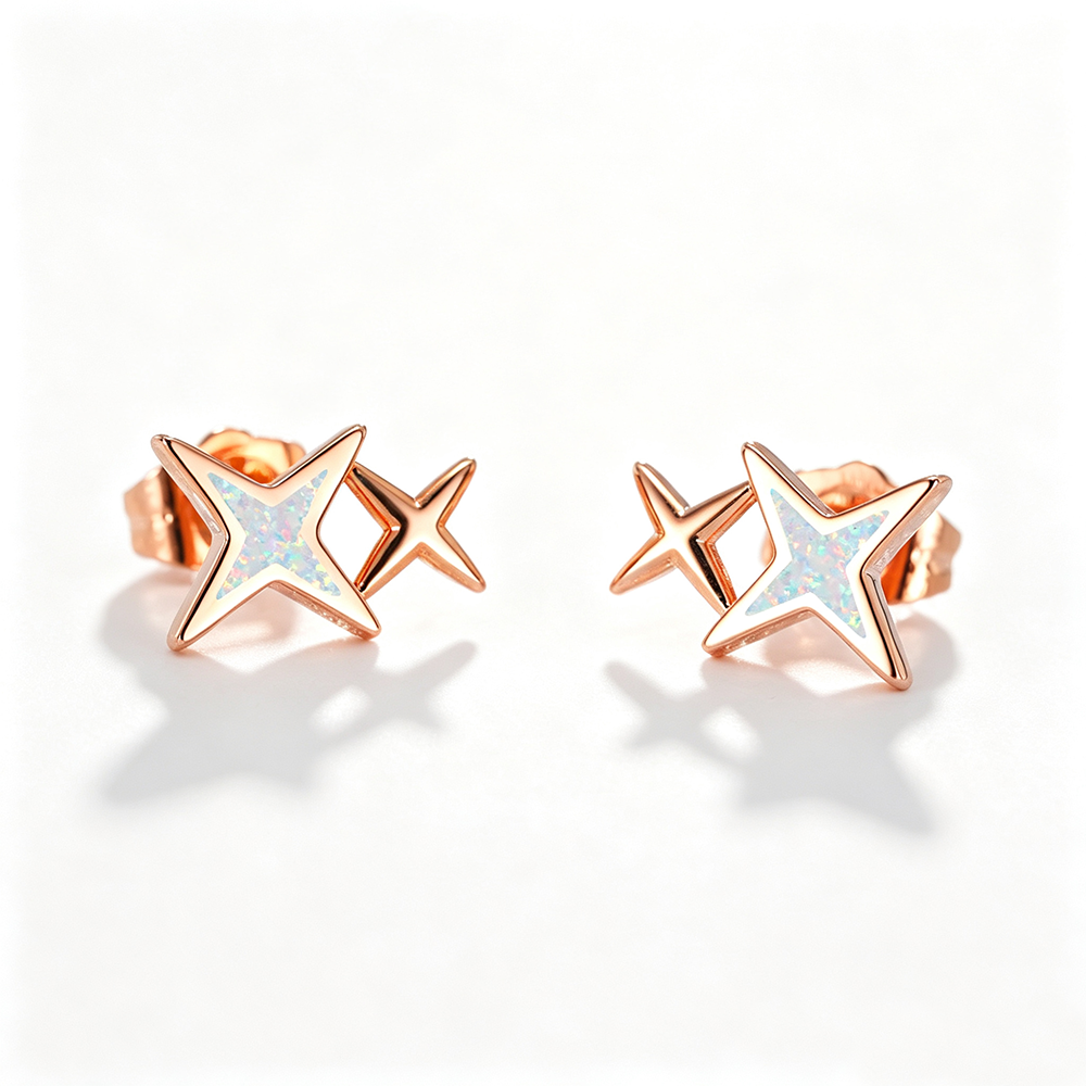 Women's Double‑Star Stud Earrings with Blue / White Opal, with White Gold / Rose Gold Plating