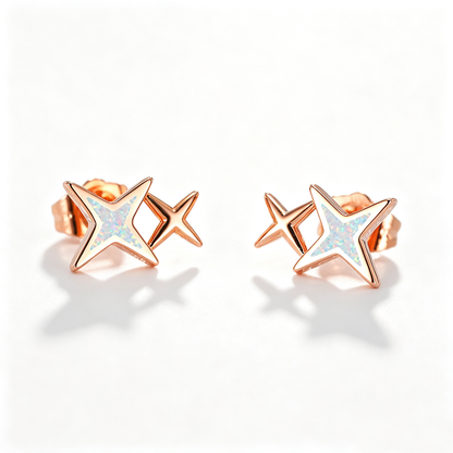 Women's Double‑Star Stud Earrings with Blue / White Opal, with White Gold / Rose Gold Plating