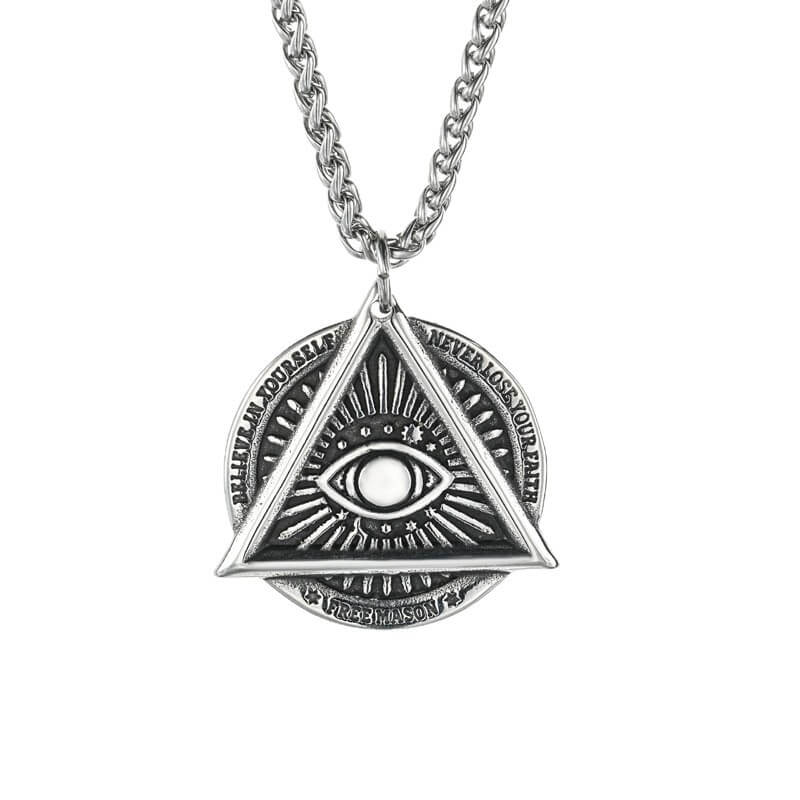 Men's Steel Vintage All Seeing Eye Triangle Round Pendant Necklace