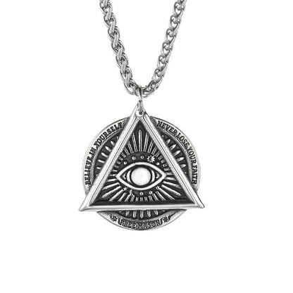 Men's Steel Vintage All Seeing Eye Triangle Round Pendant Necklace