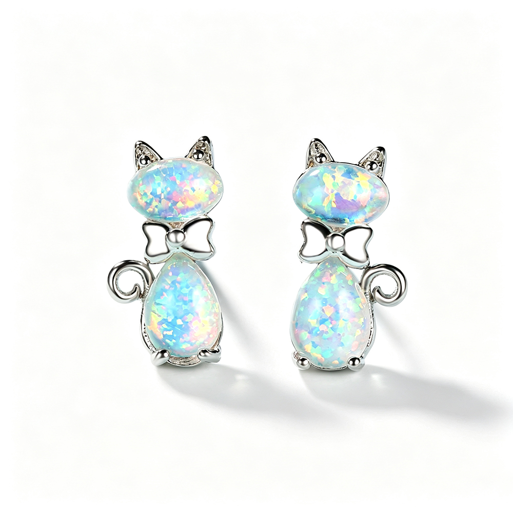 Women's Bow‑Knot Cat Opal Stud Earrings