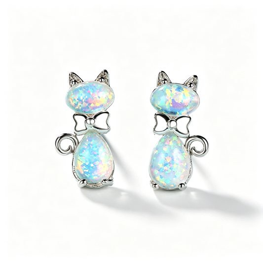 Women's Bow‑Knot Cat Opal Stud Earrings
