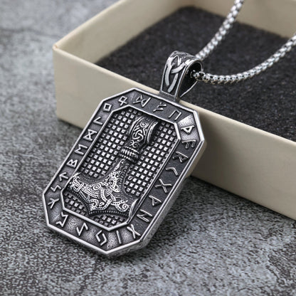 Vintage Stainless Steel Viking Rune Hammer Tag Pendant Necklace for Men