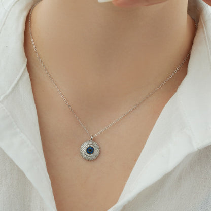 Niche Fashion S925 Silver Evil Eye Necklace Inlaid with White & Blue Round Zirconia Fashion Pendant Jewelry