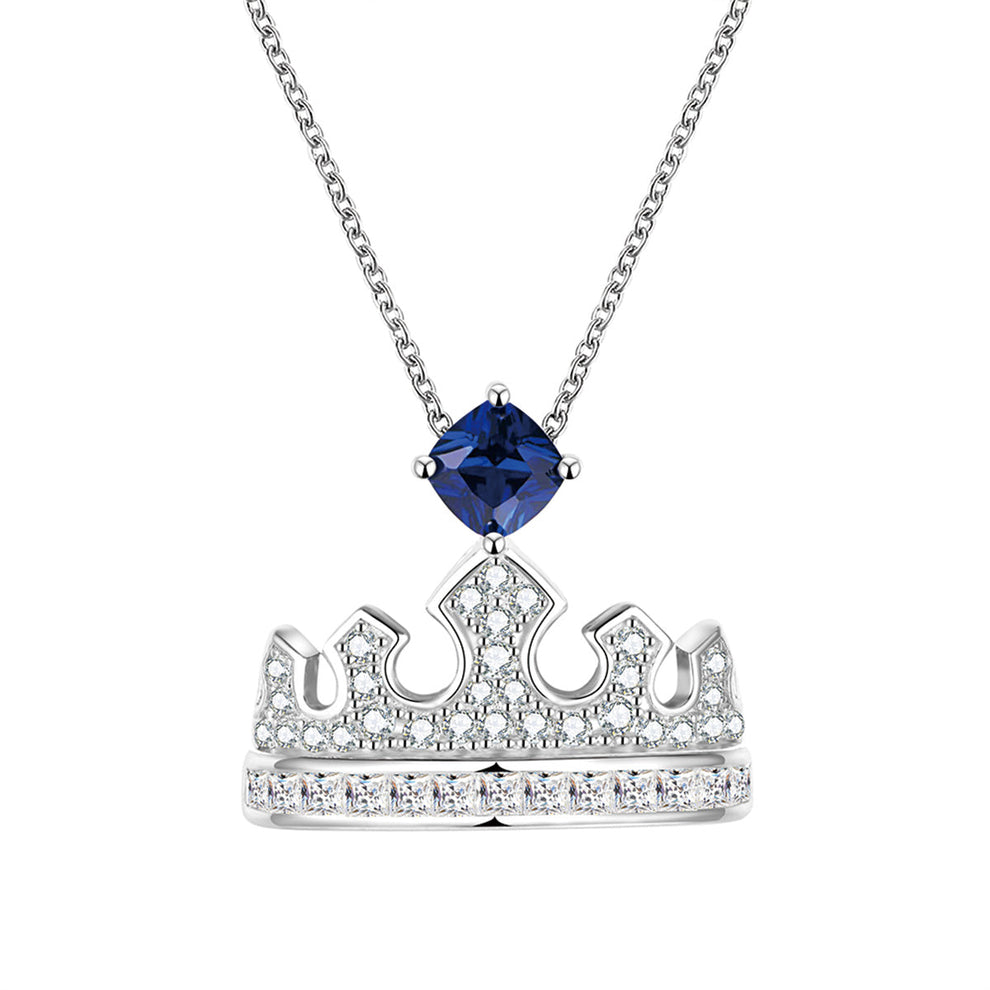 Women's Sterling Silver Necklace with Square Blue Sapphire Full Diamond Crown Pendants