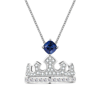 Women's Sterling Silver Necklace with Square Blue Sapphire Full Diamond Crown Pendants