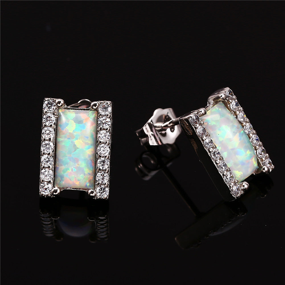 Women's Rectangle Opal Halo Zirconia Stud Earrings, with White Gold Plating