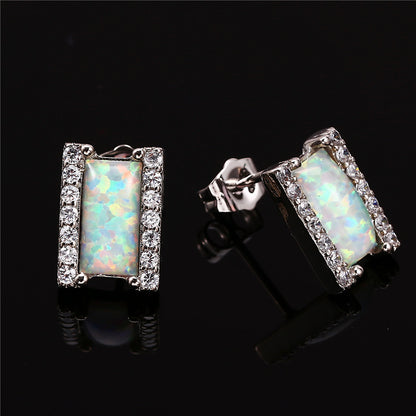 Women's Rectangle Opal Halo Zirconia Stud Earrings, with White Gold Plating