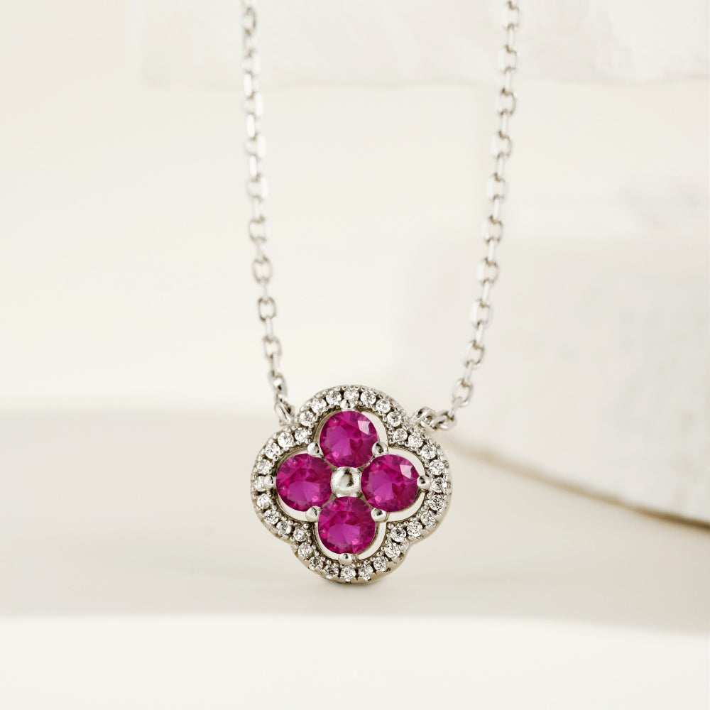 Niche Exquisite S925 Sterling Silver Four-Leaf Clover Necklace, Inlaid Rose Red & White Round Zirconia Floral Fashion Pendant