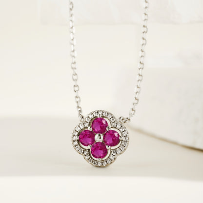 Niche Exquisite S925 Sterling Silver Four-Leaf Clover Necklace, Inlaid Rose Red & White Round Zirconia Floral Fashion Pendant