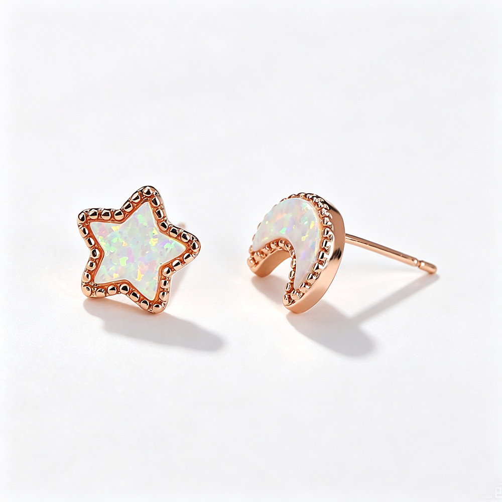 Women's Asymmetrical Star‑Moon Blue / White Opal Stud Earrings, with White Gold Plating / Rose Gold Plating